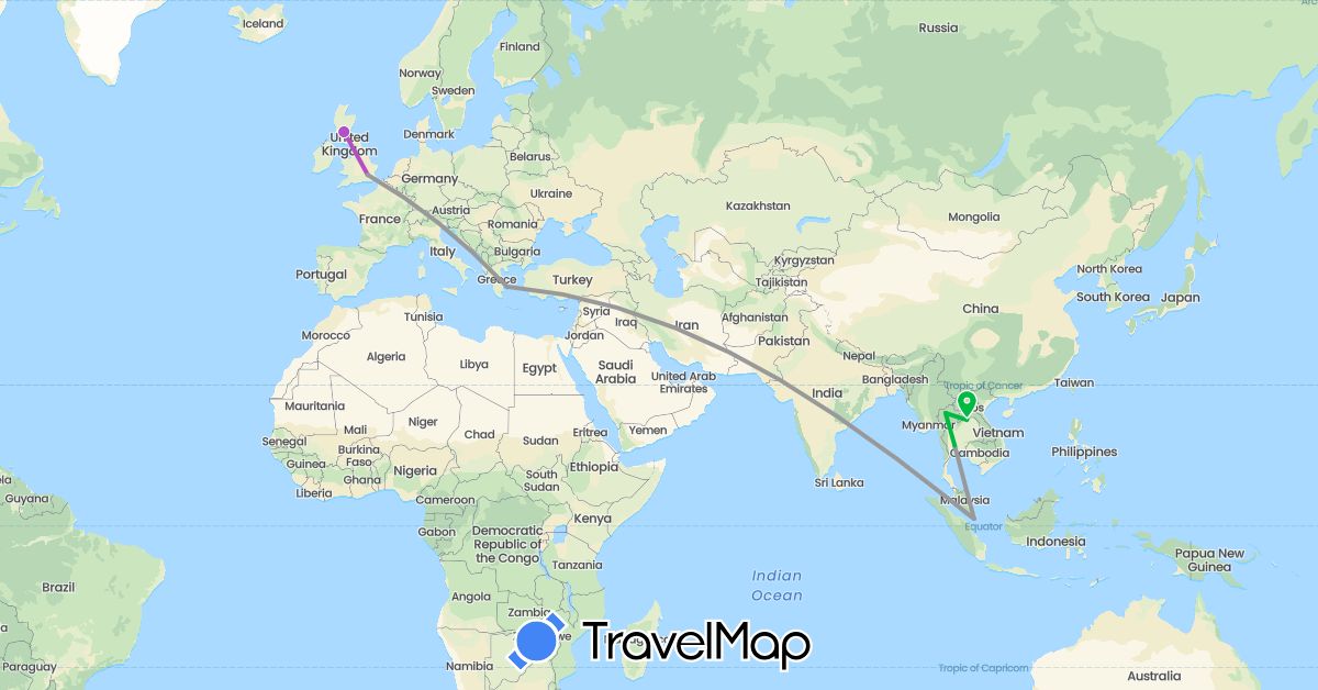 TravelMap itinerary: driving, bus, plane, train in United Kingdom, Greece, Laos, Singapore, Thailand (Asia, Europe)